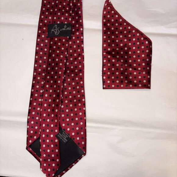 Mens Tie A. Santoni Collection with Pocket Hankie Red Polka Dots - Picture 2 of 3